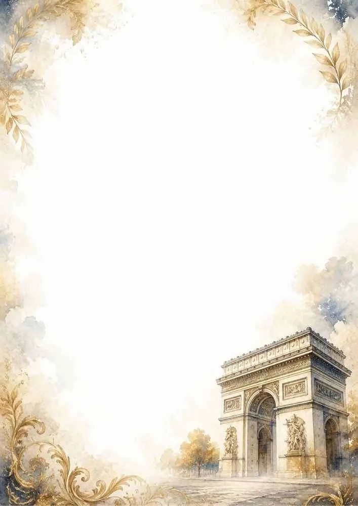 Watercolor border with Arc de Triomphe, leaves, and a large blank writing area.