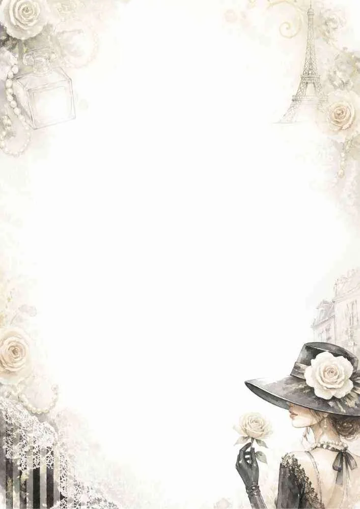 Watercolor Paris fashion border with vintage lady, roses, perfume, and blank center.