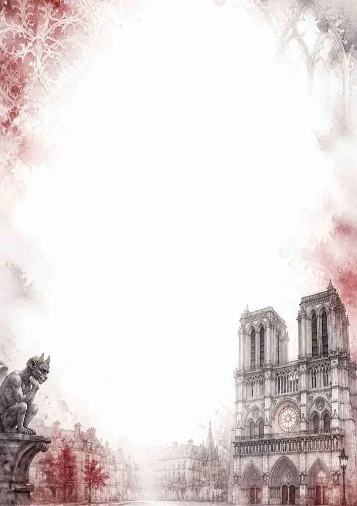 Watercolor border with Notre Dame Cathedral, Paris street, gargoyle, and blank center.