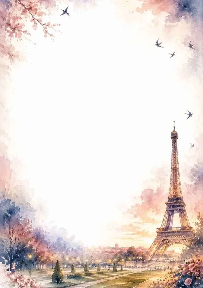 Watercolor border with the Eiffel Tower, blooming trees, and a Paris garden.