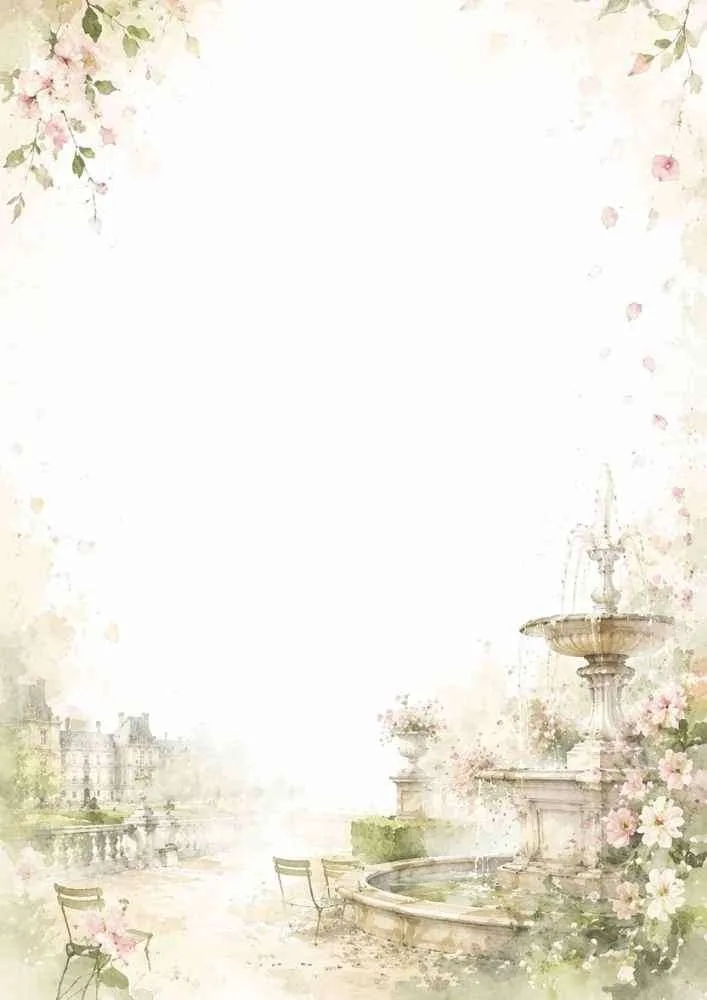 Watercolor border with a Paris garden fountain and blooming flowers.