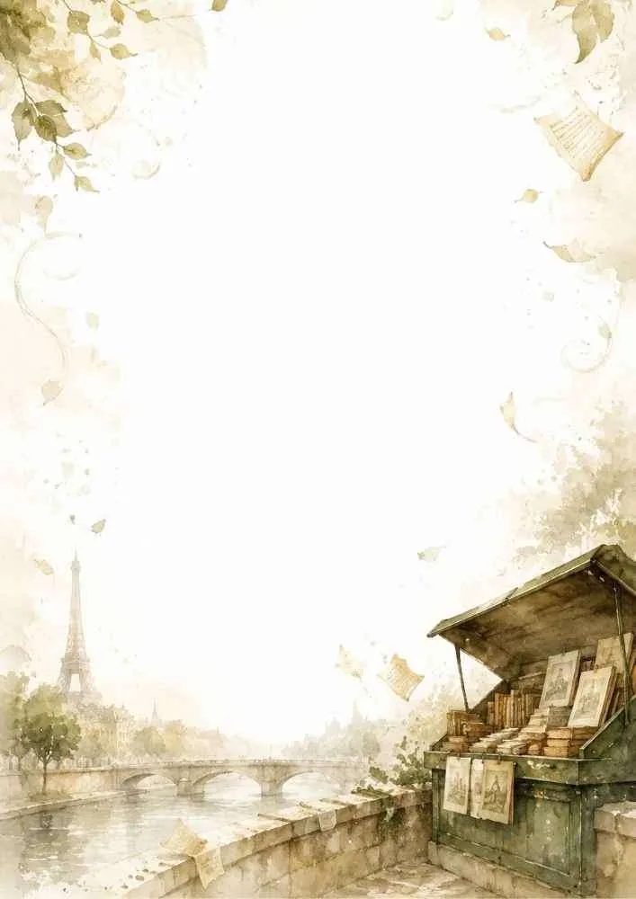 Watercolor border with a Paris riverside bookstall and the Eiffel Tower.