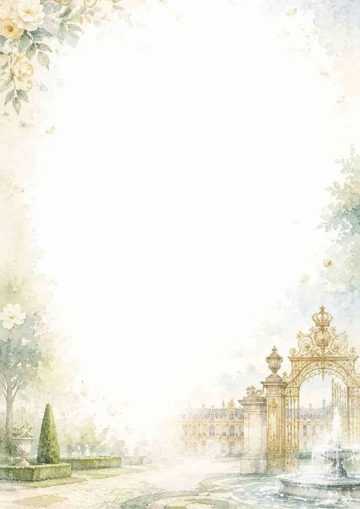 Watercolor border with ornate palace gates, gardens, and fountains.