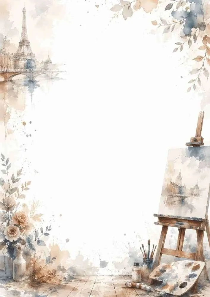 Watercolor border with an artist's easel, paint palette, and Paris scenery.