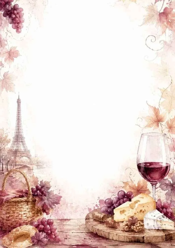 Watercolor border with wine, cheese, grapes, and the Eiffel Tower.