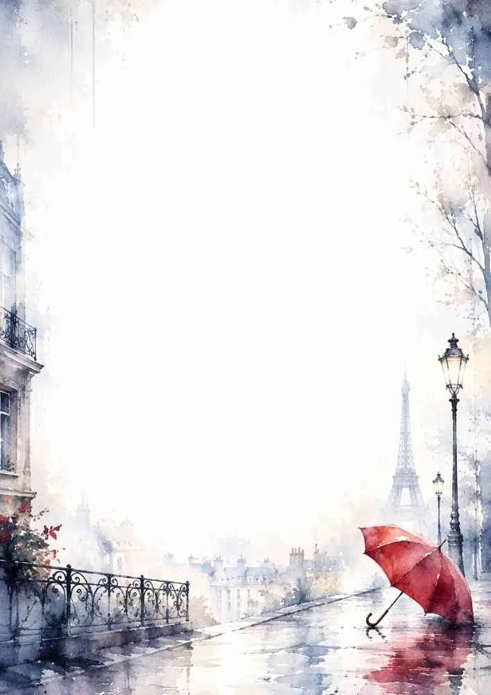 Watercolor border with a red umbrella on a rainy Paris street.