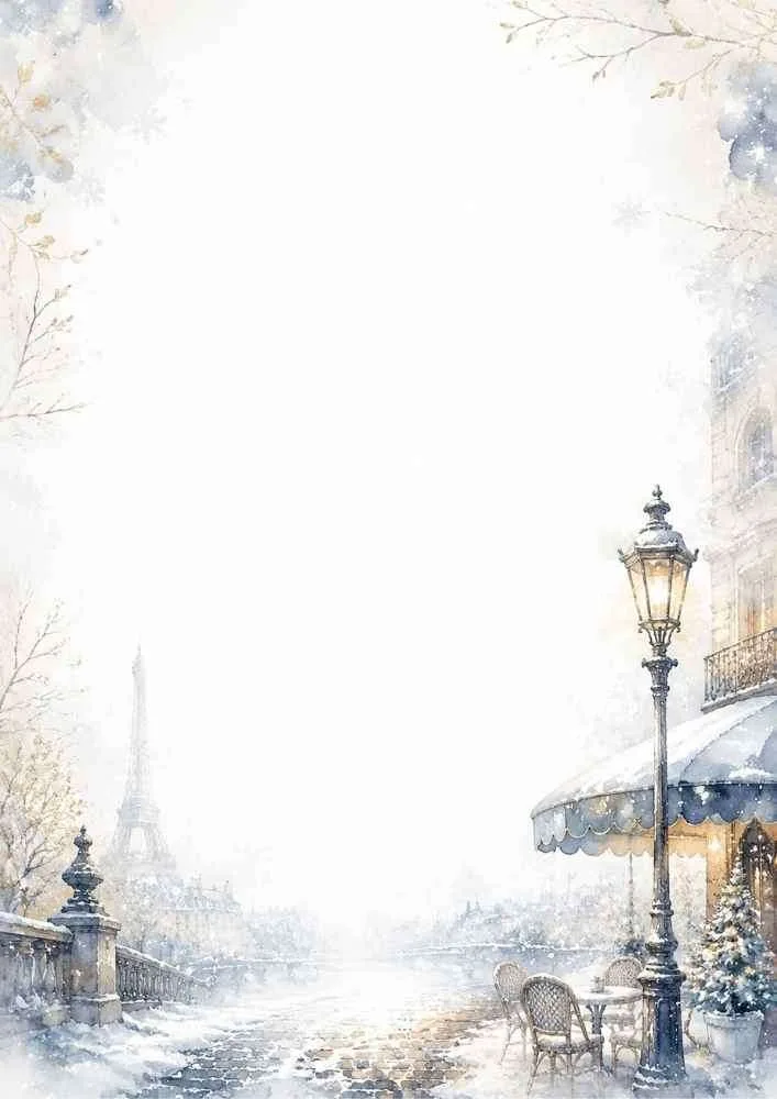 Watercolor winter border with a snowy Paris café and the Eiffel Tower.