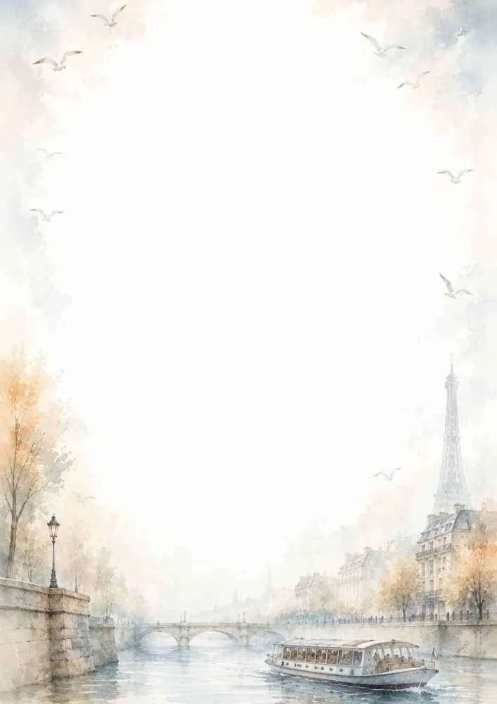 Watercolor border with a Seine River cruise, bridges, and the Eiffel Tower.