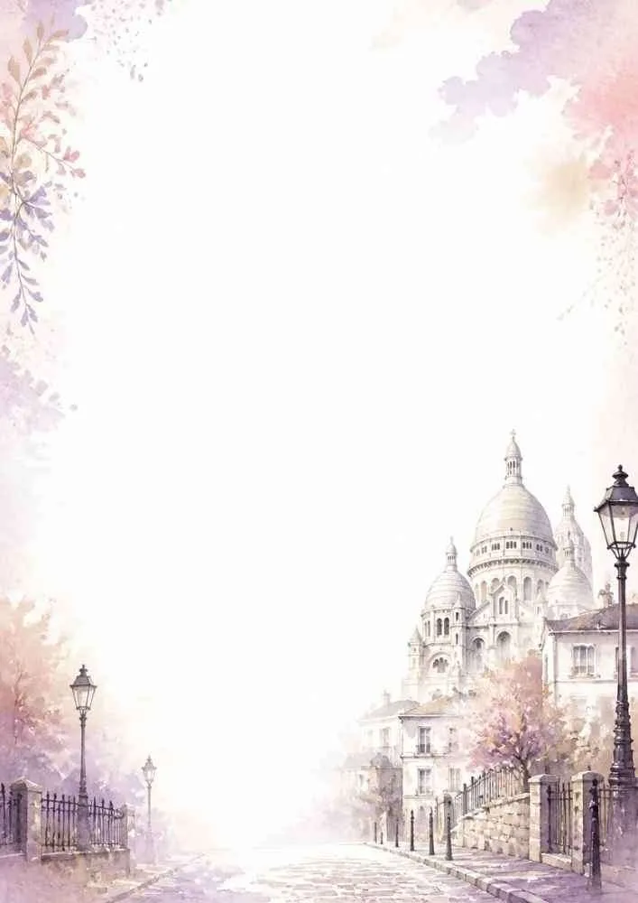 Watercolor border with Sacré-Cœur Basilica and a charming Paris street.