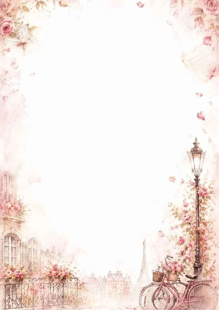 Watercolor border with a vintage bicycle, flowers, and the Eiffel Tower.