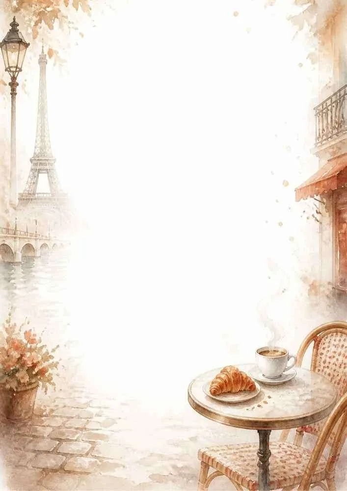 Watercolor border with a Paris café table, croissant, coffee, and Eiffel Tower.