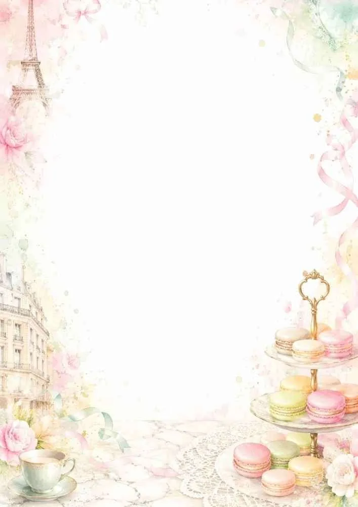 Watercolor border with colorful macarons, roses, and Paris-inspired décor.