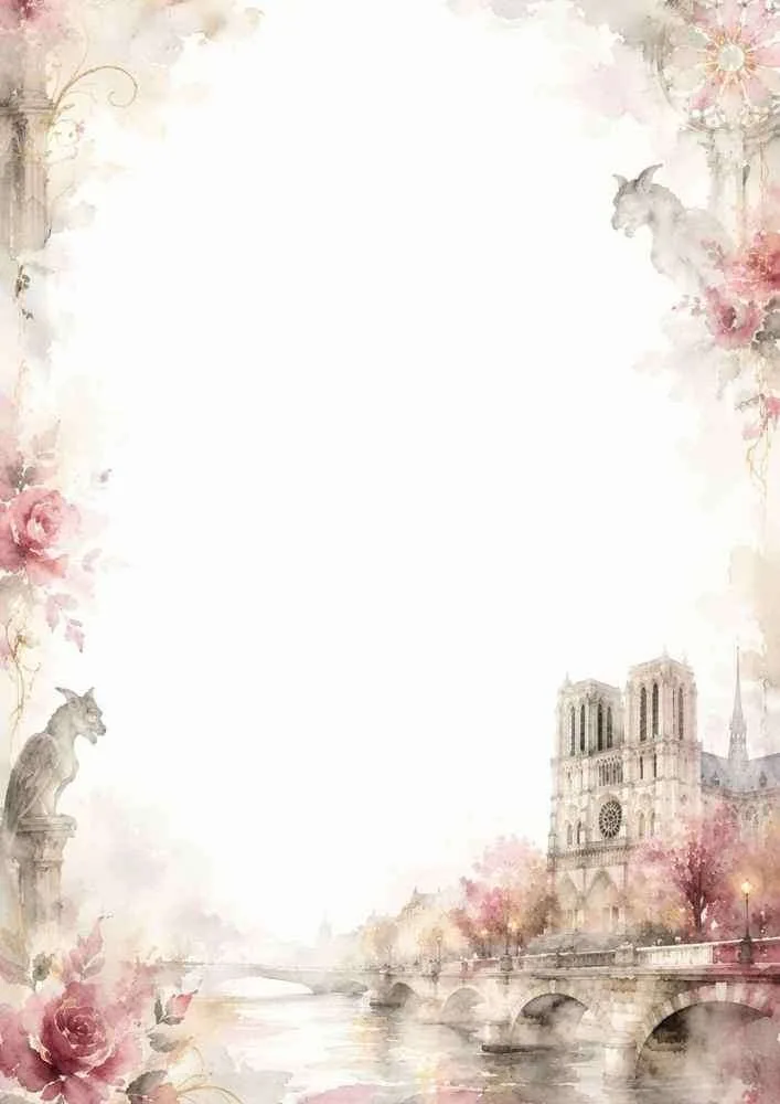 Watercolor border with Notre-Dame Cathedral, roses, and the Seine River.