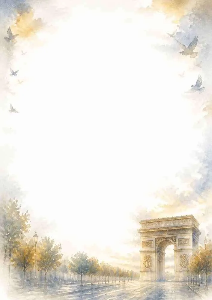 Watercolor border with the Arc de Triomphe and tree-lined Paris avenue.
