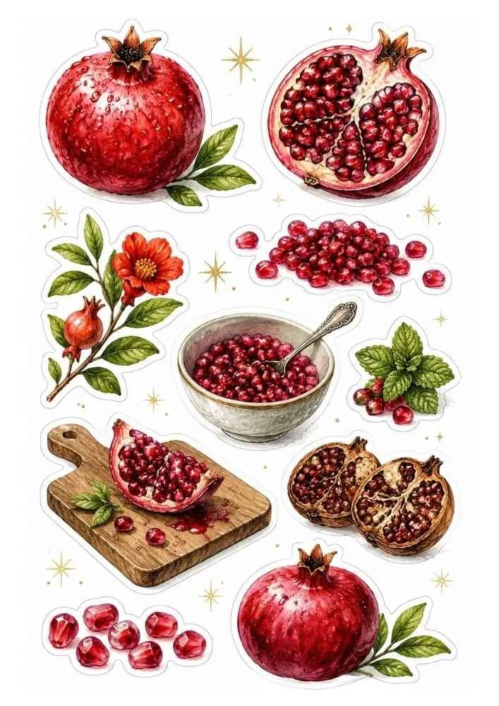 Pomegranate fruit stickers with whole and sliced fruit, seeds, leaves, flowers, bowls, and a wooden cutting board.