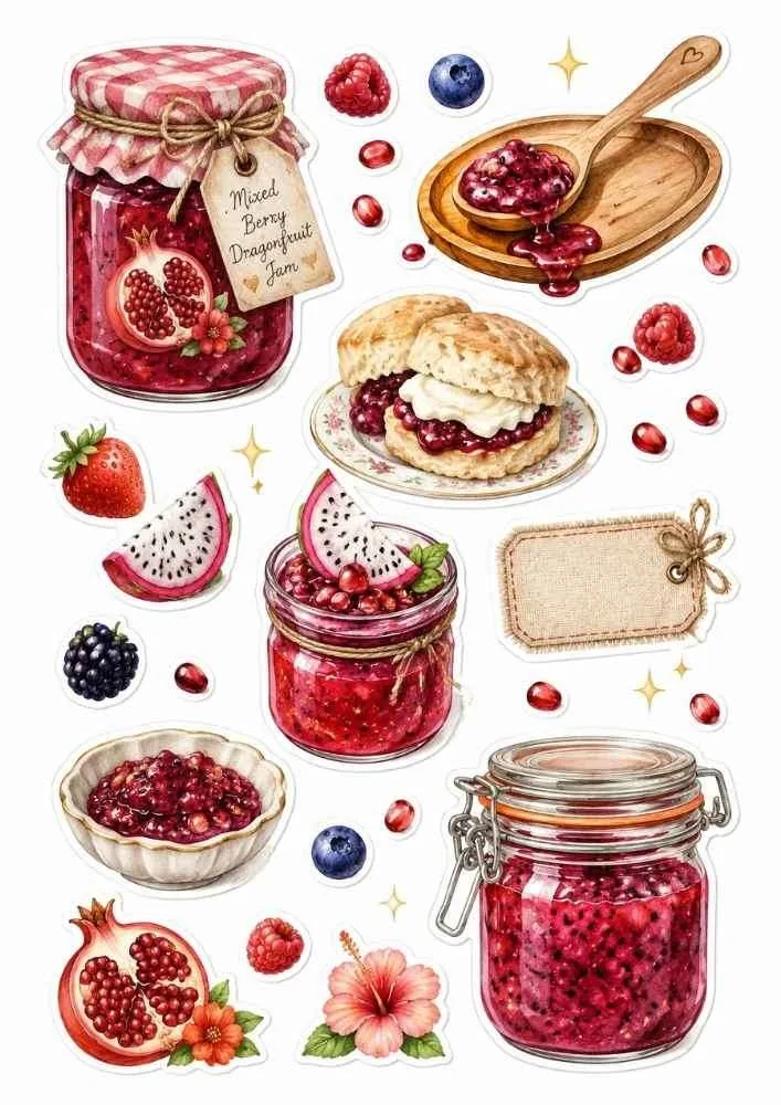 Mixed fruit jam jars, berries, dragon fruit, pomegranate, biscuits, and jam bowls.
