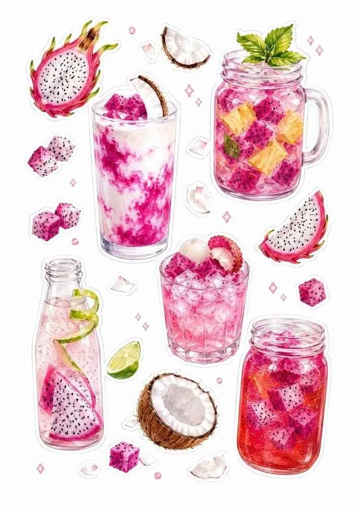 Dragon fruit drinks with coconut, pineapple, lychee, jars, bottles, and fruit cubes.
