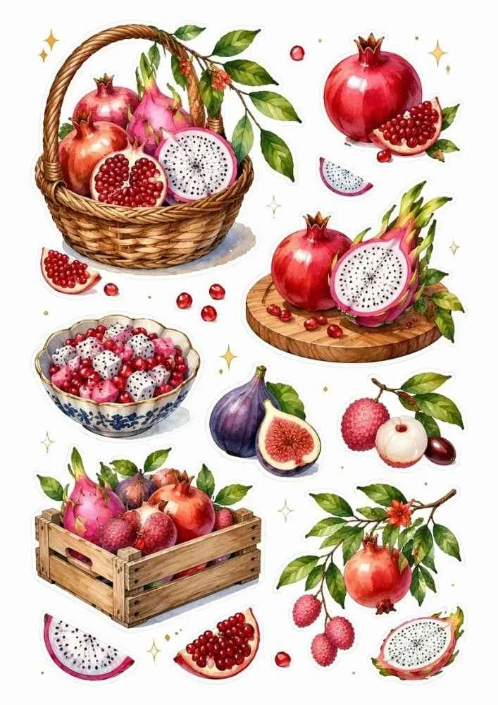 Fruit baskets and crates with pomegranate, dragon fruit, figs, lychee, and tropical fruits.