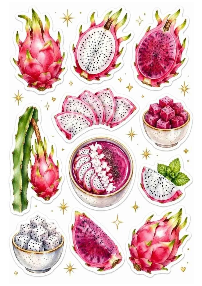Dragon fruit stickers with whole and sliced fruit, cubes, smoothie bowl, leaves, and plant stem.