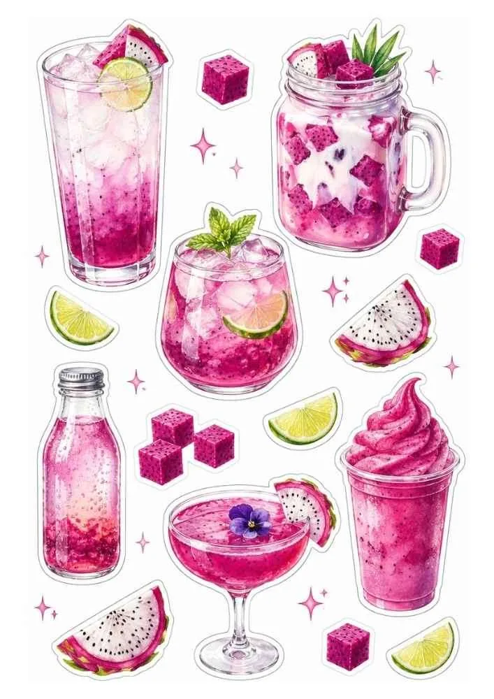 Dragon fruit drinks, smoothies, bottles, fruit cubes, lime slices, and dragon fruit stickers.