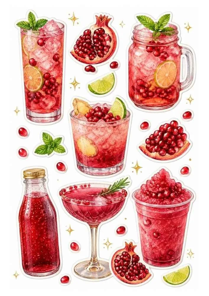 Pomegranate drinks, jars, frozen desserts, fruit pieces, mint leaves, and citrus slices.