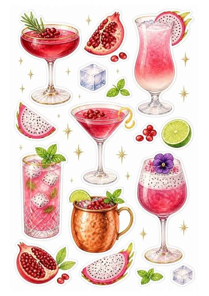 Pomegranate and dragon fruit drinks with fruit slices, mint, and ice cubes.
