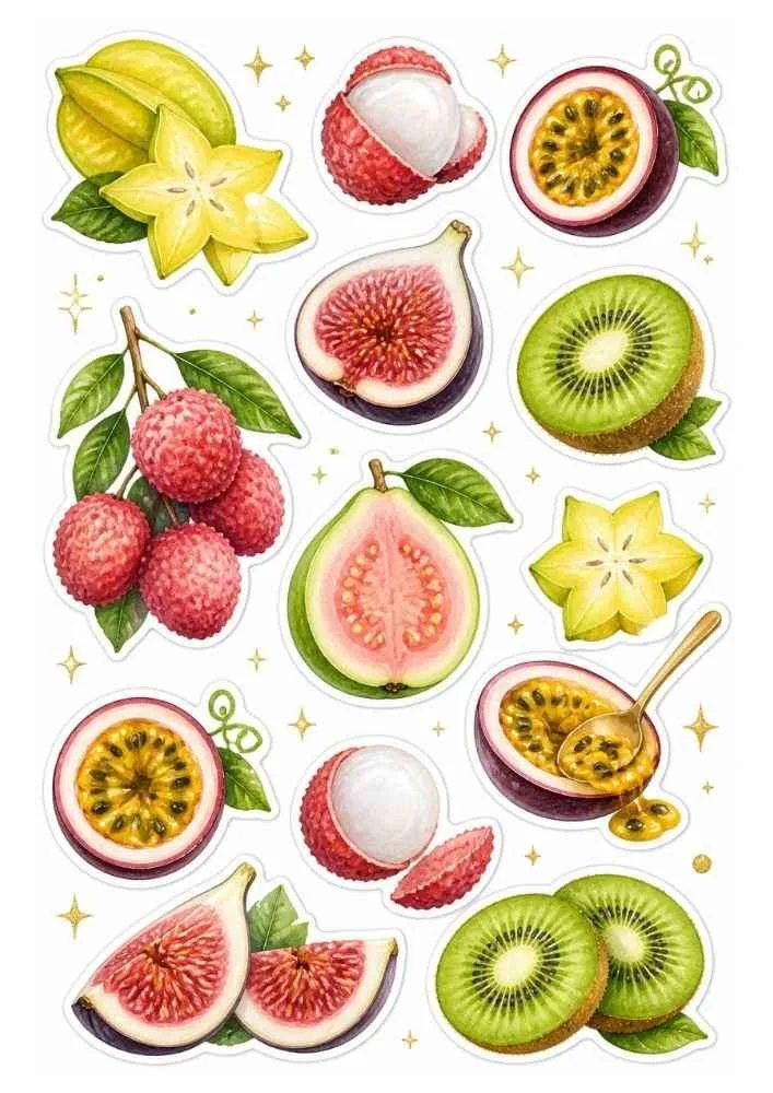 Starfruit, kiwi, lychee, passion fruit, figs, and guava fruit stickers.