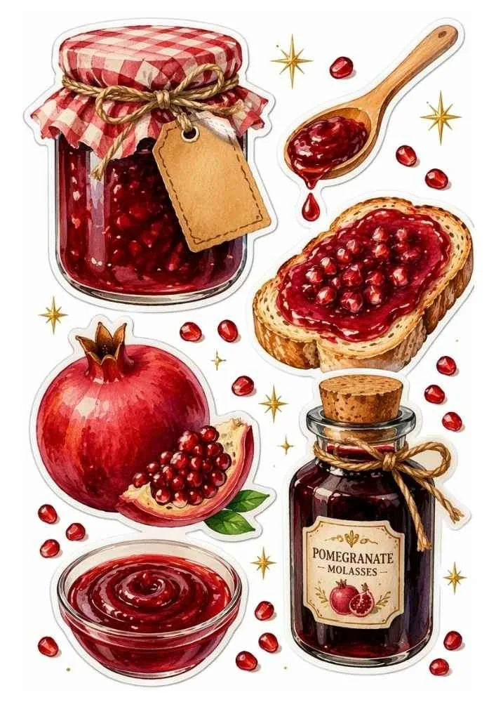 Pomegranate jam jars, bread with jam, spoon, sauce bowl, and fresh pomegranates.