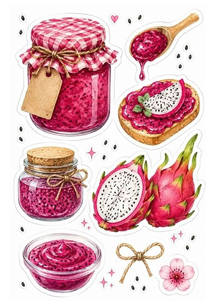 Dragon fruit jam jars, toast, spread bowl, dragon fruit, flower, and decorative accents.
