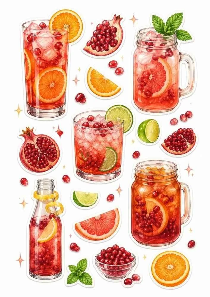 Pomegranate drinks with orange, grapefruit, lime, jars, bottles, and glasses.