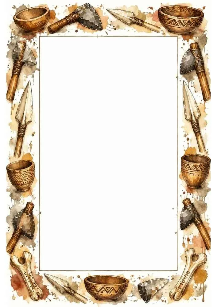 Border with stone tools, clay bowls, bones, and spearheads around a blank center.