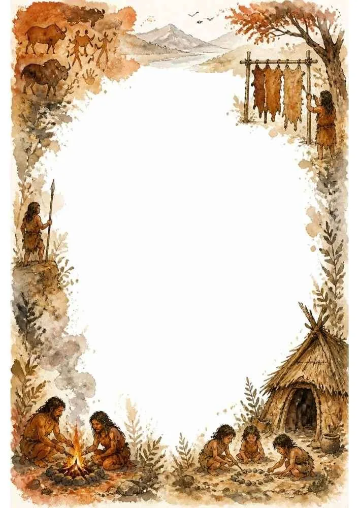 Border with huts, families, campfire, cave art, and animal hides.