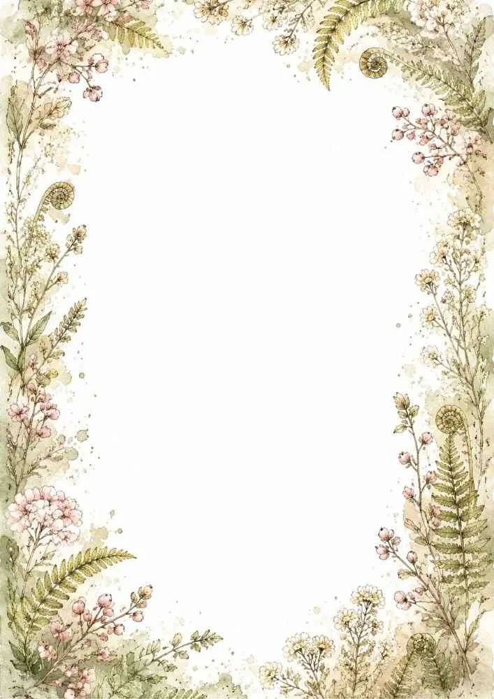 Border with soft flowers, ferns, and leafy plants around a blank center.