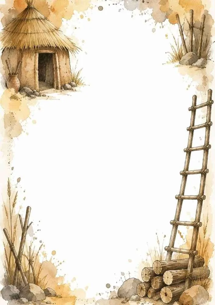 Border with a hut, ladder, logs, rocks, and fence posts.