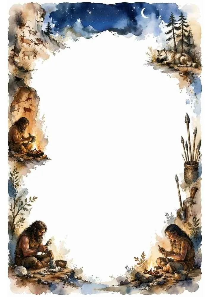 Border with campfires, wolves, cave art, and early people at night.
