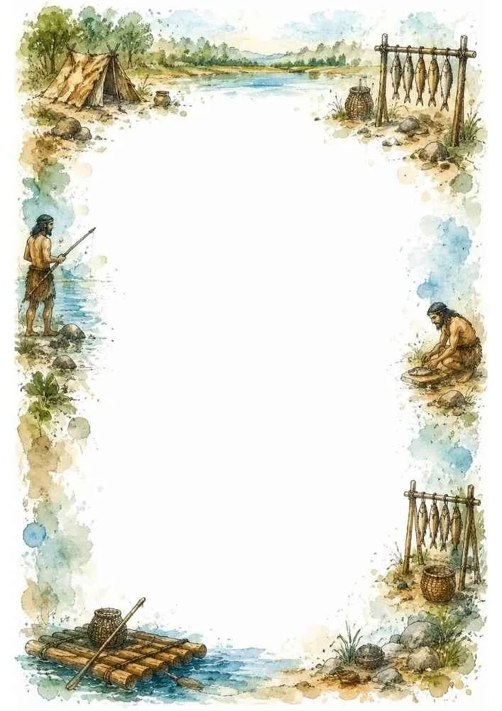 Border with fishing, raft, fish racks, and riverside camp scenes.