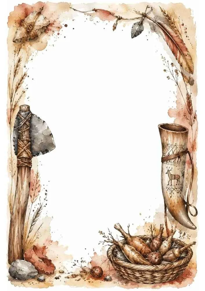 Border with stone axe, horn cup, feathers, and a basket of vegetables.