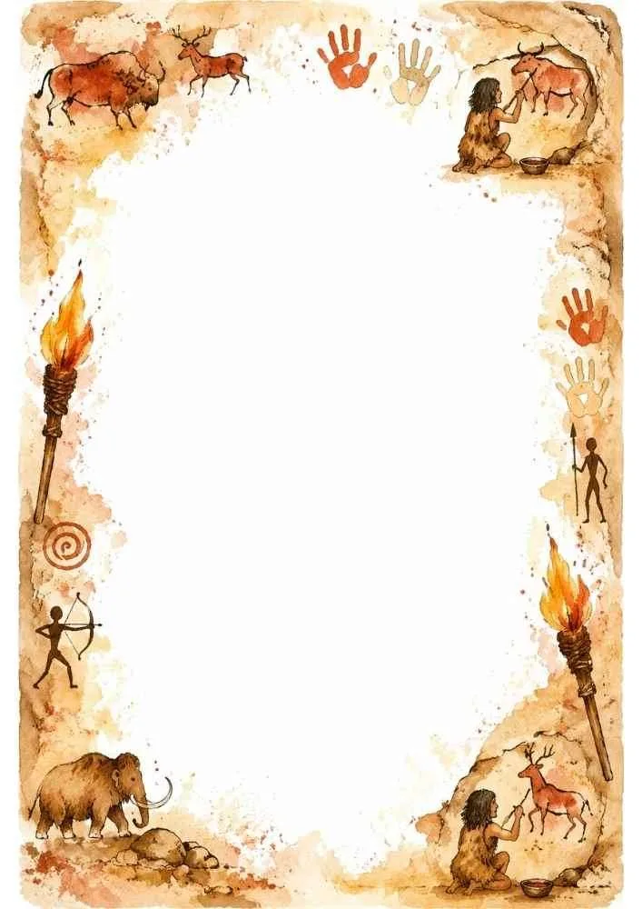Border with torches, cave paintings, hunters, handprints, and a mammoth.