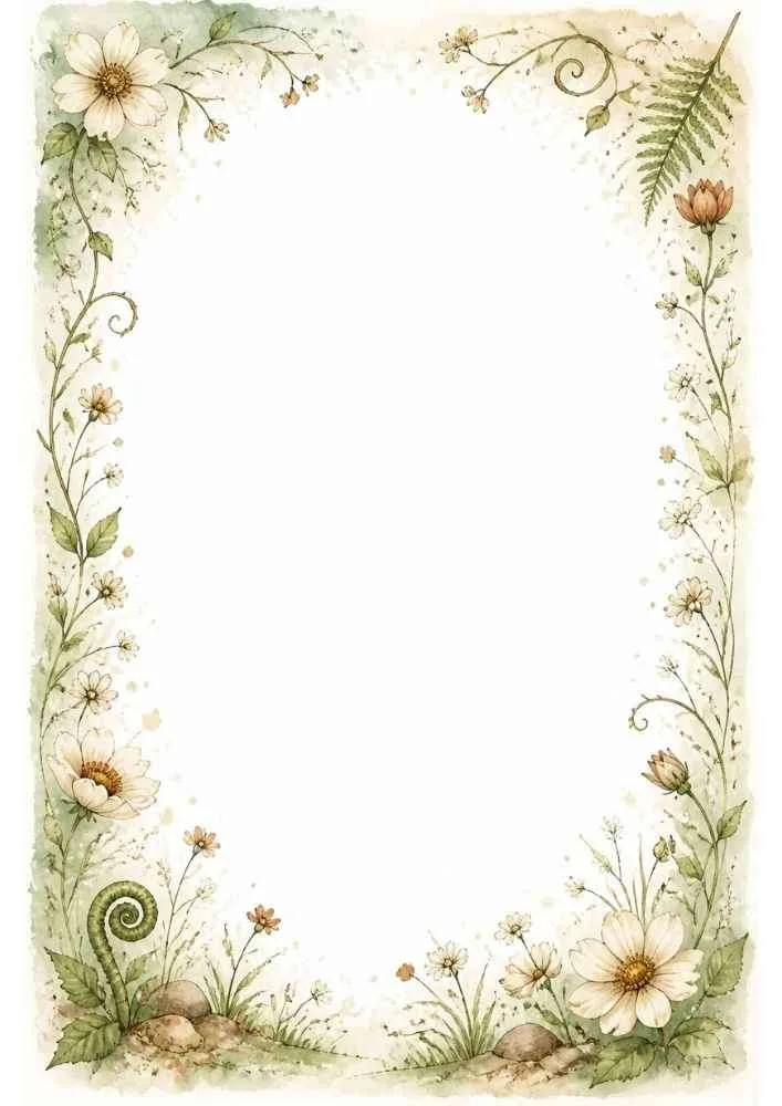 Border with flowers, ferns, vines, and leaves around a blank center.