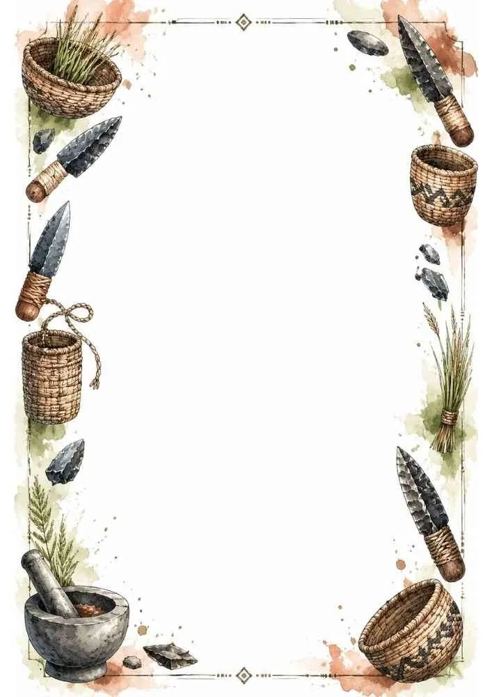 Border with baskets, stone knives, herbs, and a mortar around a blank page.