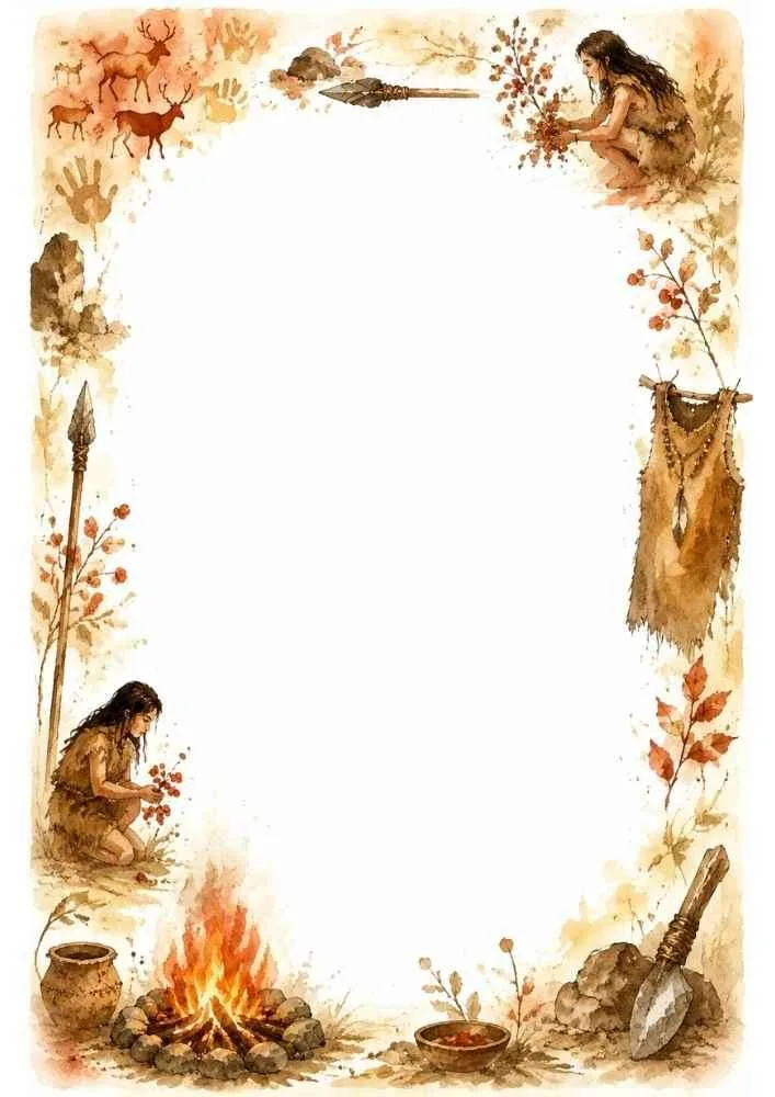 Border with early people, campfire, cave art, spears, and pottery around a blank center.