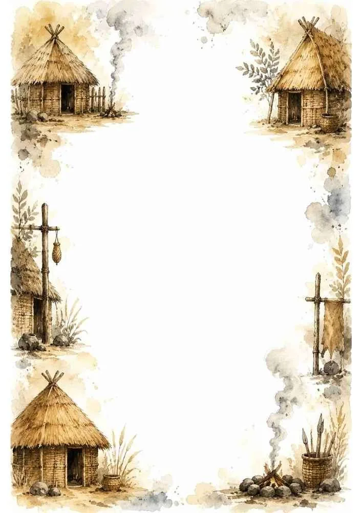 Border with huts, campfire, fences, and village scenes around a blank center.