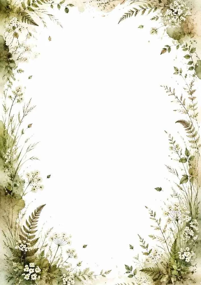 Floral border with ferns, leaves, and wildflowers around a blank center.