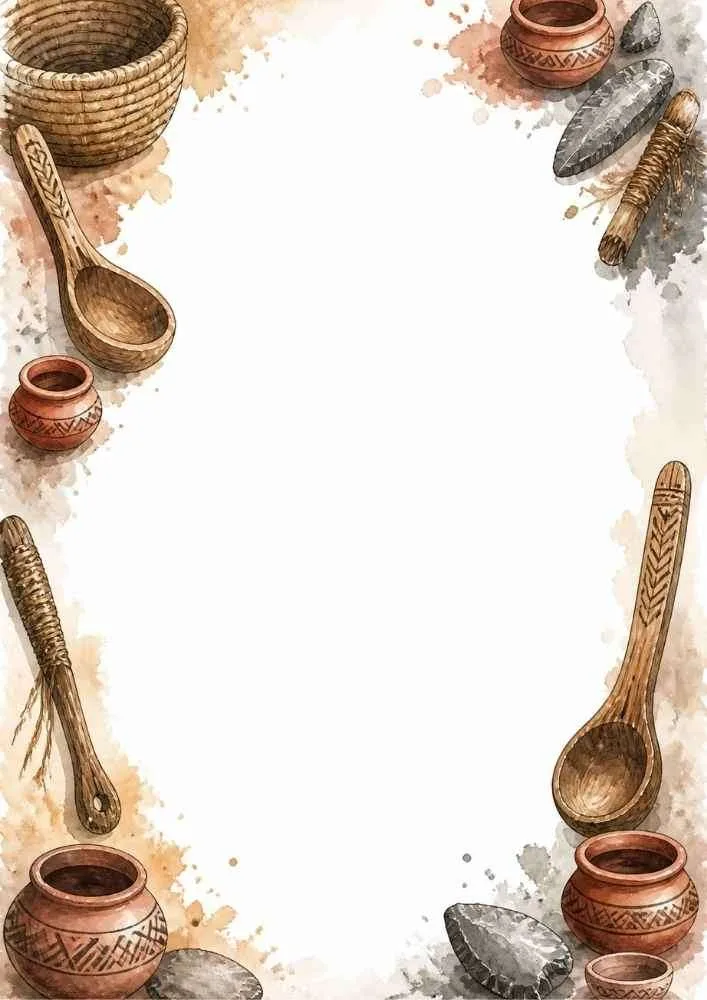 Border with wooden spoons, clay pots, baskets, and stone tools.