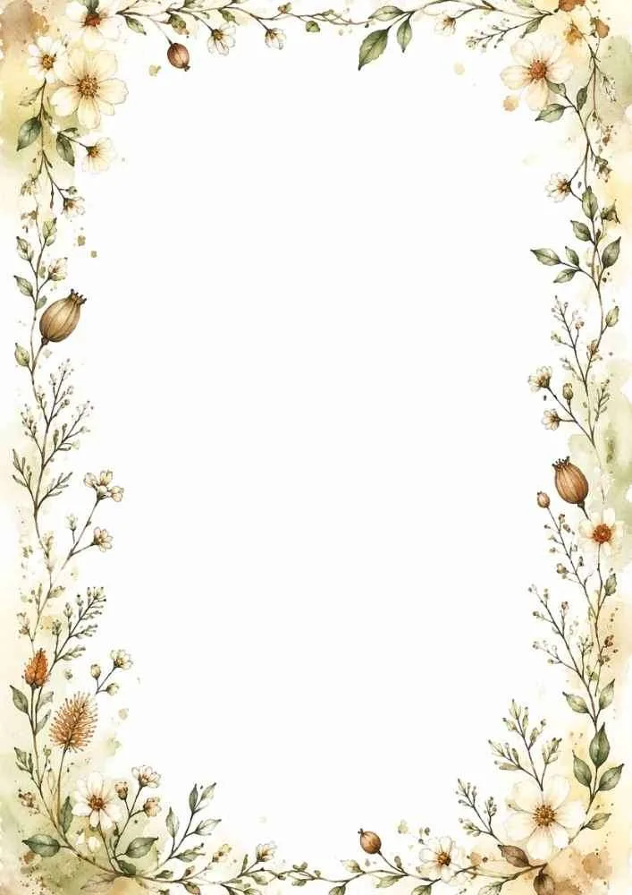 Floral border with blossoms, leaves, and seed pods around a blank center.