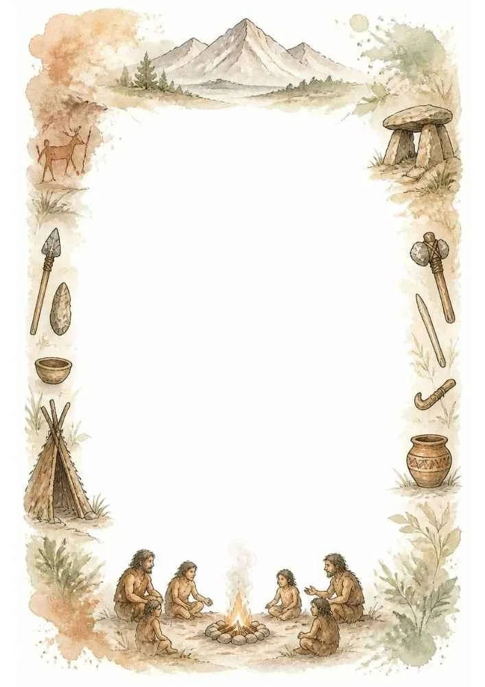 Border with Stone Age family, campfire, mountains, and tools around a blank center.