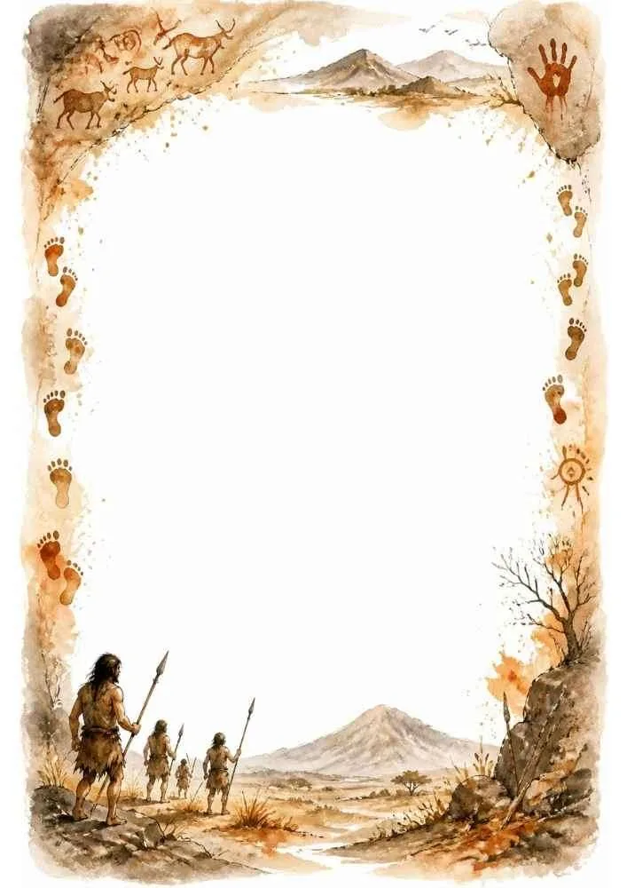 Border with cave art, footprints, hunters, and mountains around a blank center.