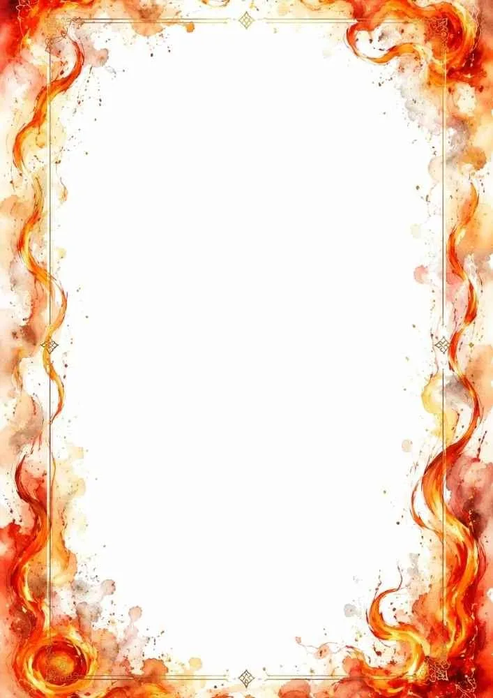 Watercolor fire border with swirling flames around a large blank center.