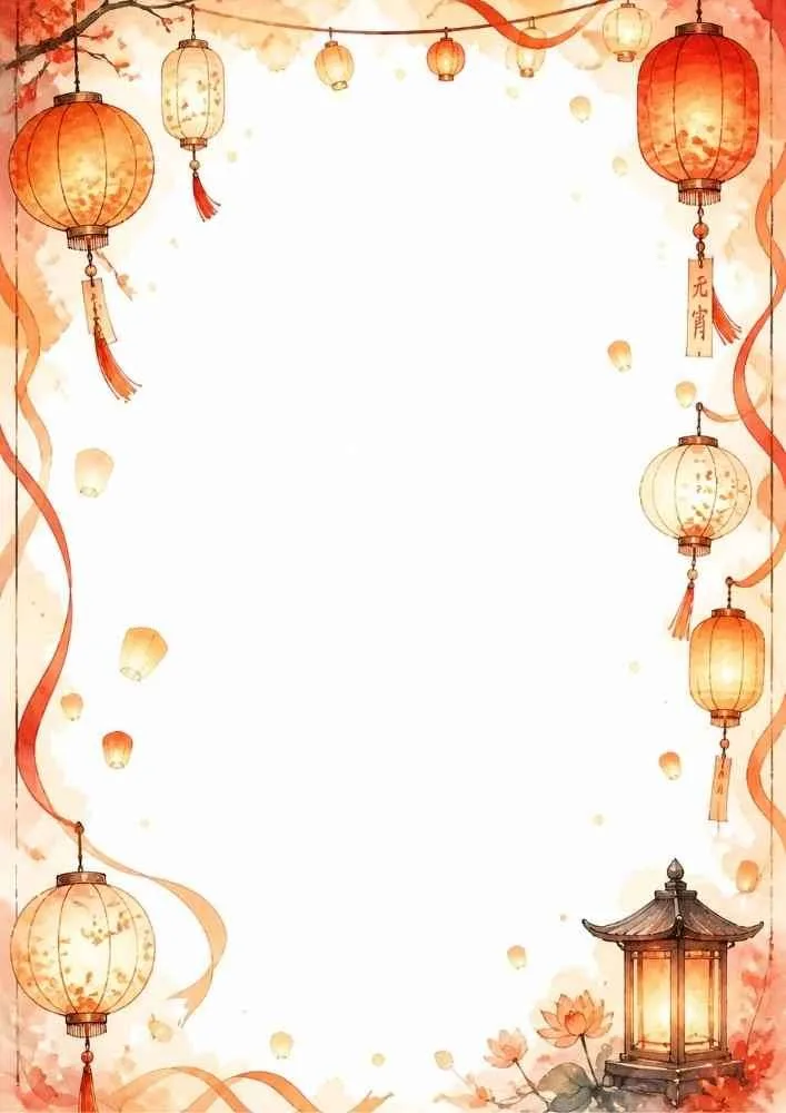 Watercolor border with hanging lanterns, ribbons, and a blank center.