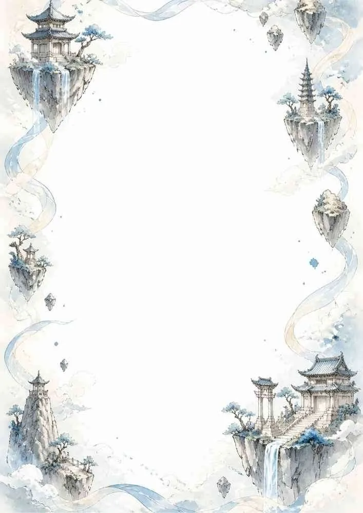 Watercolor border with floating temples, waterfalls, and a blank center.